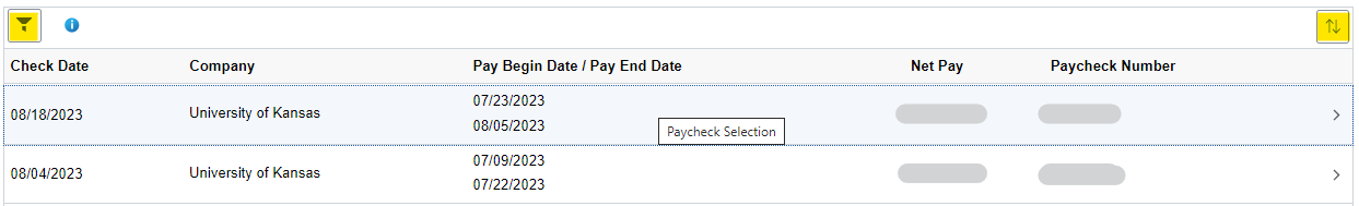 Example of a paycheck list in HR Pay