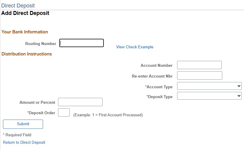 Screenshot of Add Direct Deposit page.