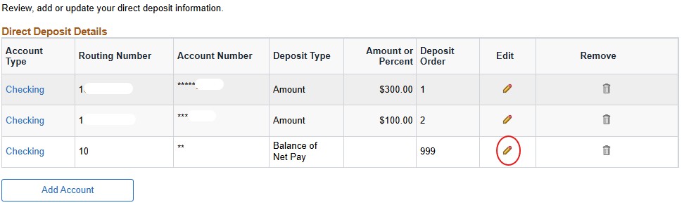 Direct deposit screenshot