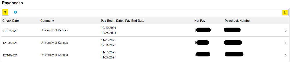 Screenshot of paycheck list in HR Pay