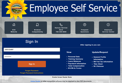 Screenshot of log in page.